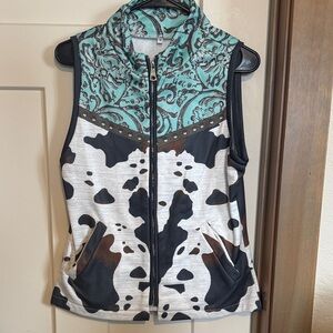Stylish Sleeveless Vest with Cow Print and Teal Accents